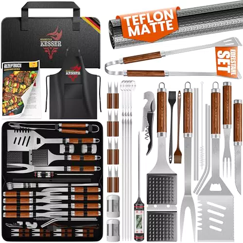 KESSER Grillbesteck Set aus Edelstahl mit Grillzange, Wender, Spieß & Tasche