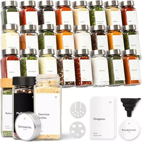 KIVY Salz und Pfeffermühle 2er Set + 8 Wasserfeste Label - Verstellbares Keramikmahlwerk - Gewürzmühle - Pfeffer und Salzmühle für grobes Salz - Chili Mühle Klein - Pfeffer salz Mühlenset