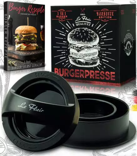 Le Flair Burgerpresse Set – 3 in 1 Hamburgerpresse mit Backpapier und Tasche
