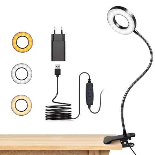 LED Leselampe mit Klemme, 10 Helligkeitsstufen & 3 Farbmodi, USB, Flexarm