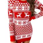 Leversic Weihnachtskleid Damen – Winterliches Strickkleid mit Rentier und Schneeflocken Motiv