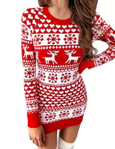 Leversic Weihnachtskleid Damen – Winterliches Strickkleid mit Rentier und Schneeflocken Motiv
