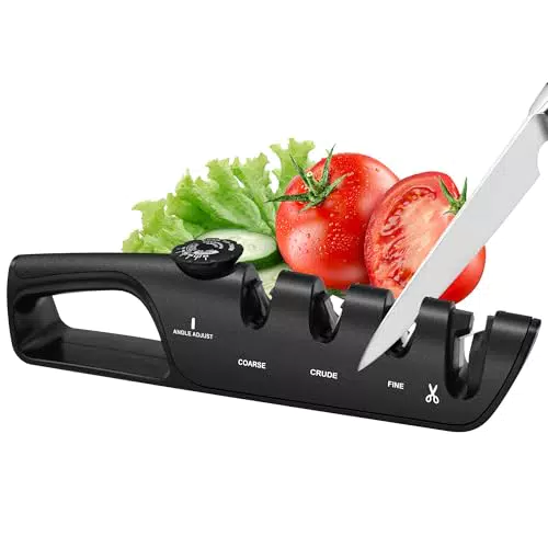 Messerschärfer 4-in-1 mit Winkelführung und Scherenschärfer für Küchenmesser