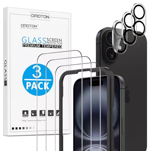 OMOTON Panzerglas für iPhone 16 mit Rahmen, Kameraschutz, 9H, kratzfest