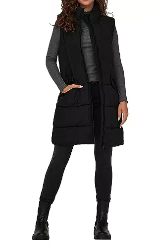 ONLY Damen 3/4-lange Steppweste ONLMatilde Long mit Stehkragen 15274066 Black