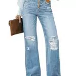 Roskiky Damen High Waist Schlaghose Jeans mit Löchern und Stretch