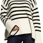 SUATK Damen Strickpullover mit Streifen und Rundhals, Winterpullover Casual