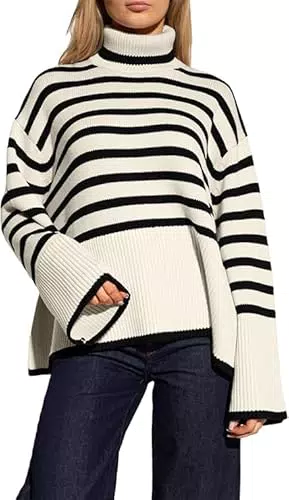 SUATK Damen Strickpullover mit Streifen und Rundhals, Winterpullover Casual