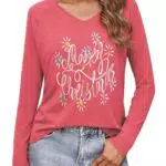 Terecey Damen Weihnachtsshirt Langarm V-Ausschnitt Lustig Weihnachten