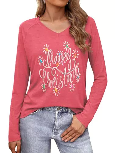 Terecey Damen Weihnachtsshirt Langarm V-Ausschnitt Lustig Weihnachten
