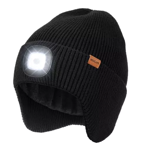 Wmcaps LED Mütze Herren mit Ohrenklappen, wiederaufladbare Strickmütze mit Lampe