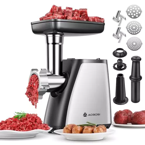 AAOBOSI Fleischwolf 4-in-1 Elektrisch mit Wurstfüller und Kubbe-Kit für Zuhause