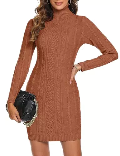 Aottori Damen Strickkleid Rollkragen Langarm Elegant Winter Pulloverkleid