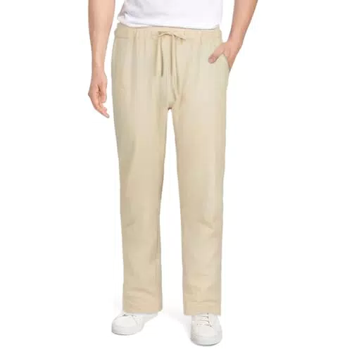 AUYAO Herren Leinenhose Elastischer Sommerhose Lang Leichte Hosen Loose-Hosen für Herren mit Taschen Kordelzug Freizeithose für Urlaub Strand Yoga Gehen Alltag Yogahose Herren Stoffhose Khaki Hosen X