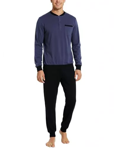 Bresdk Herren Schlafanzug Lang Baumwolle Winter Mit Knöpfen Schlafhose