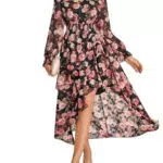 Damen A-Linie Blumenkleid mit V-Ausschnitt und langen Ärmeln für Sommer und Hochzeit