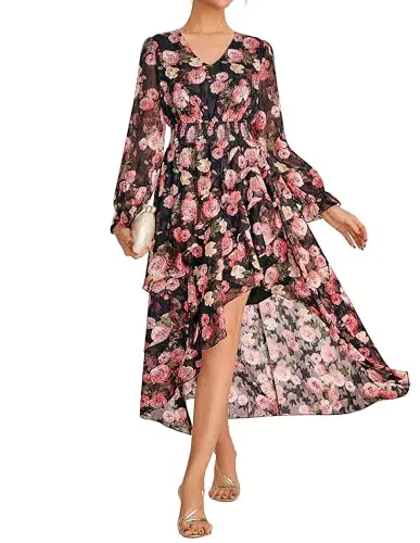 Damen A-Linie Blumenkleid mit V-Ausschnitt und langen Ärmeln für Sommer und Hochzeit