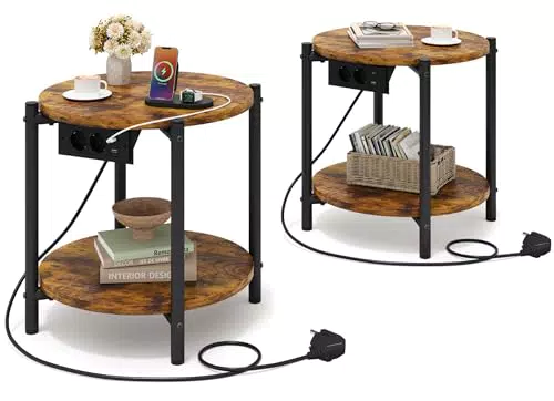 IRONCK Nachttisch rund mit Steckdose und USB-C, Beistelltisch Holz Metall