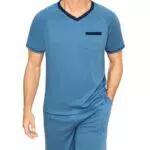 Litherday Herren Schlafanzug Kurz Baumwolle V-Ausschnitt Kurzarm Pyjama Set