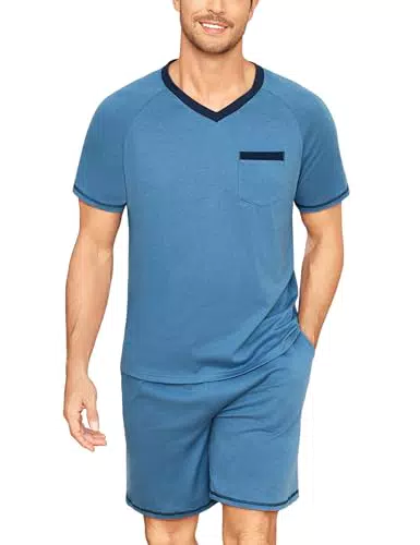 Litherday Herren Schlafanzug Kurz Baumwolle V-Ausschnitt Kurzarm Pyjama Set