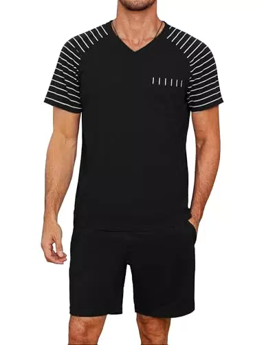 Litherday Herren Schlafanzug Kurzarm Pyjama Sommer Baumwolle mit Taschen