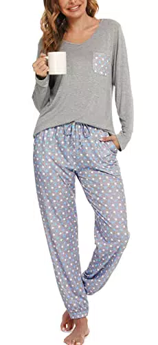 Lovasy Damen Schlafanzug Winter Langarm Pyjama Set mit Taschen und Bündchen