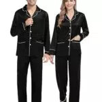 SWOMOG Passende Pyjama-Sets für Paare Seide Satin Pjs-Set mit 2 Taschen Langarm Button Down Nachtwäsche Nachtwäsche-Pjs-Set Weiblich Schwarz
