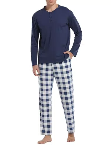 Vlazom Herren Pyjama Set Lang Zweiteilig Kariert Flanell Hose Und T-Shirt