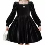 Arshiner Mädchen Samtkleid Winter Elegant Festlich mit Quadratkragen und Laternenärmel