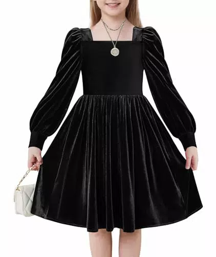 Arshiner Mädchen Samtkleid Winter Elegant Festlich mit Quadratkragen und Laternenärmel