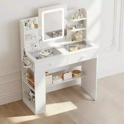 Claiks Schminktisch mit LED Beleuchtung und Spiegel, Frisiertisch mit Glasplatte