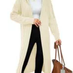 Fisoew Strickjacke Damen Lang mit Kapuze Cardigan Oversized Offene Front