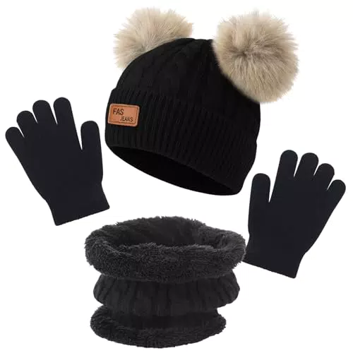 Kodinsiivous Winter Set Kinder Strickmütze Schal Handschuhe Jungen Mädchen Beanie