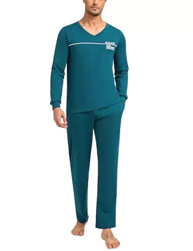 Marvmys Herren Schlafanzug Baumwolle Langarm V-Ausschnitt Winter Pyjama Set