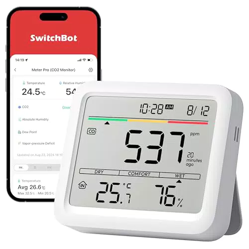 SwitchBot CO2-Melder Innen, CO2 Messgerät mit Thermometer, Hygrometer und App