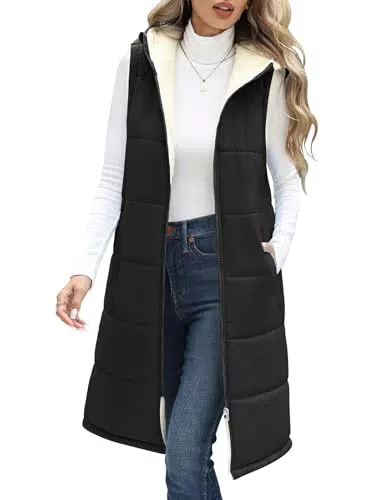 Vancavoo Damen Steppweste Lang mit Kapuze Warm Gefüttert Fleeceweste Herbst Winter