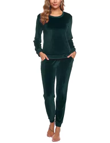 Wayleb Damen Schlafanzug Velour Pyjama Set Langarm Rundhals Flanell Loungewear