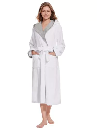 Ymmchy Flauschiger Damen Bademantel mit Kapuze Fleece Saunamantel Lang