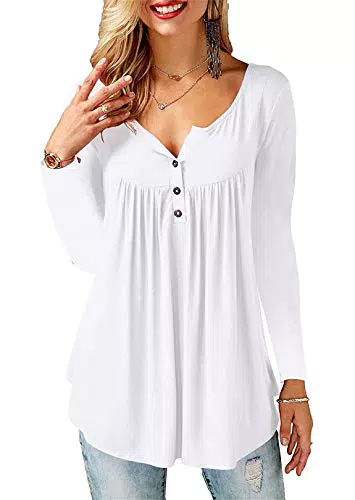 AMORETU Damen T-Shirt mit V-Ausschnitt und Knopfleiste – Sommer Tunika Langarm