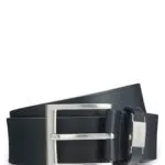 BOSS Herren Connio Gürtel aus italienischem Leder mit Logo-Schlaufe und Details aus gebürstetem Metall Dunkelblau 90