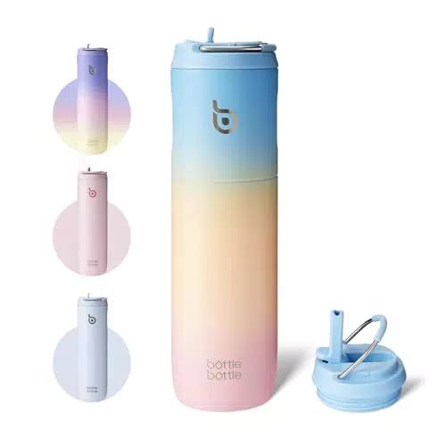 BOTTLE Edelstahl Trinkflasche mit Strohhalm für Sport und Fitness