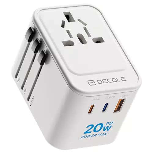 Decqle Reiseadapter Universal, Weltweit Steckdosenadapter mit 2 USB-C, 1 USB-A, AC