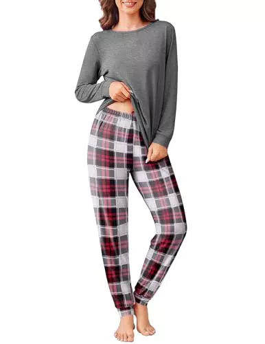Ekouaer Schlafanzug Damen Lang Kuscheliges Pyjama Set Mit Bündchen Und Tasche