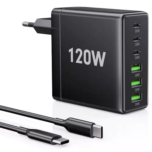 FINIBO 120W USB C Ladegerät 6-Port Schnellladegerät mit PD 3.0 & QC 4.0 für iPad Smartphone