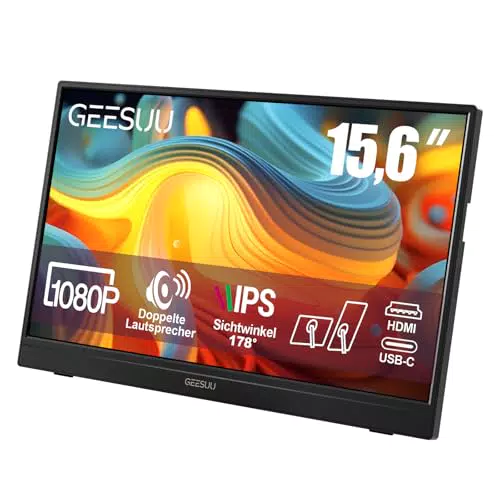 Geesuu Tragbarer Monitor 15,6 Zoll IPS 1080p USB-C HDMI Mobiler Bildschirm Laptop PC