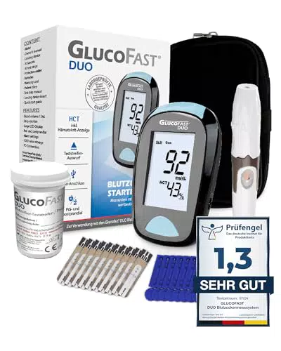 GLUCOFAST Duo Blutzuckermessgerät Starter Set für mg/dl Messung Diabetes Testgerät
