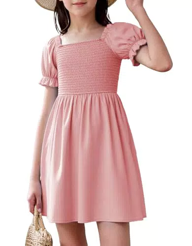 JiAmy Mädchenkleid Puffärmel Sommer A-Linie Freizeitkleid Quadratischer Ausschnitt