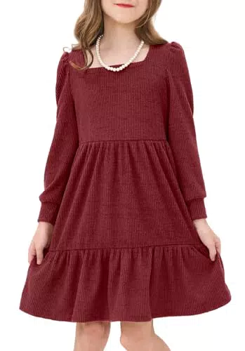 JiAmy Mädchen Kleid Gerippt Gestrickt Langarm mit Taschen Warm Herbst Winter