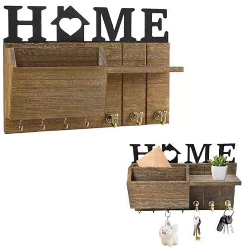 JNEYVIC Schlüsselhalter Holz Vintage Schlüsselbrett mit HOME Dekor Wandmontage