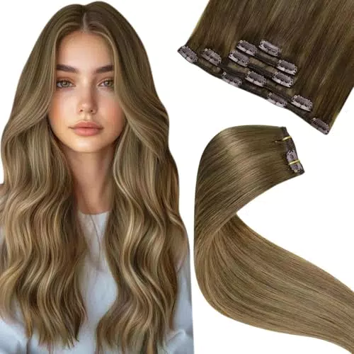 LaaVoo Clip In Echthaar Extensions Remy Human Hair Extensions Glatt Braun